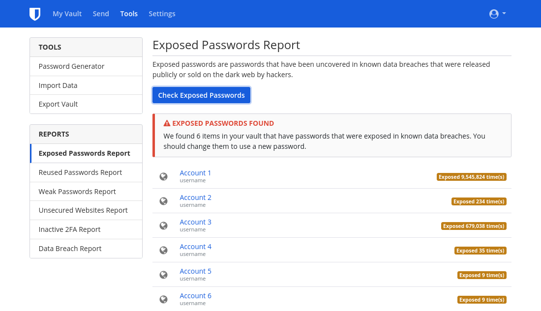 Функция поиска скомпрометированных паролей в Bitwarden